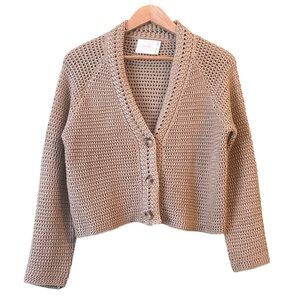 All Row Knit Crochet Cropped Long Sleeve CArdigan Button Sweater Sz M